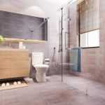 Moderne badkamer met marmeren tegels getoond in 3D-rendering, voorbeeld van maatwerk interieurdesign dat wensen vervult