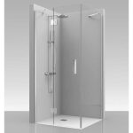 Moderne douchewand in hoekopstelling met glazen wanden en gehard veiligheidsglas in minimalistische badkamer