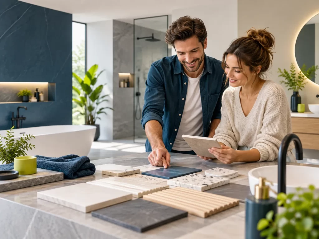 Koppel bekijkt tegels en materialen voor een moderne badkamer