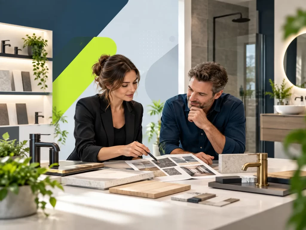 Badkameradviseur bespreekt materialen en sanitair met een klant