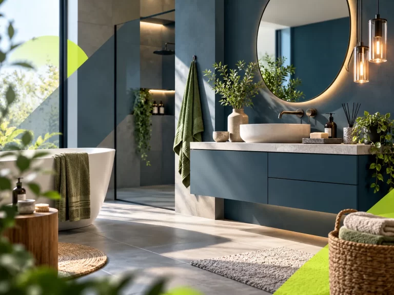 Stijlvolle moderne badkamer met blauwe accenten, planten en luxe sanitair