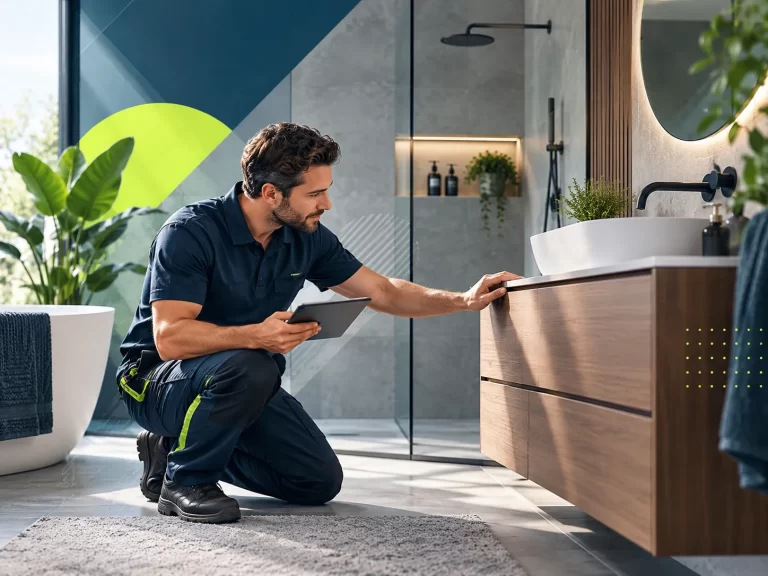 Badkamerspecialist controleert een modern badkamermeubel tijdens een inspectie