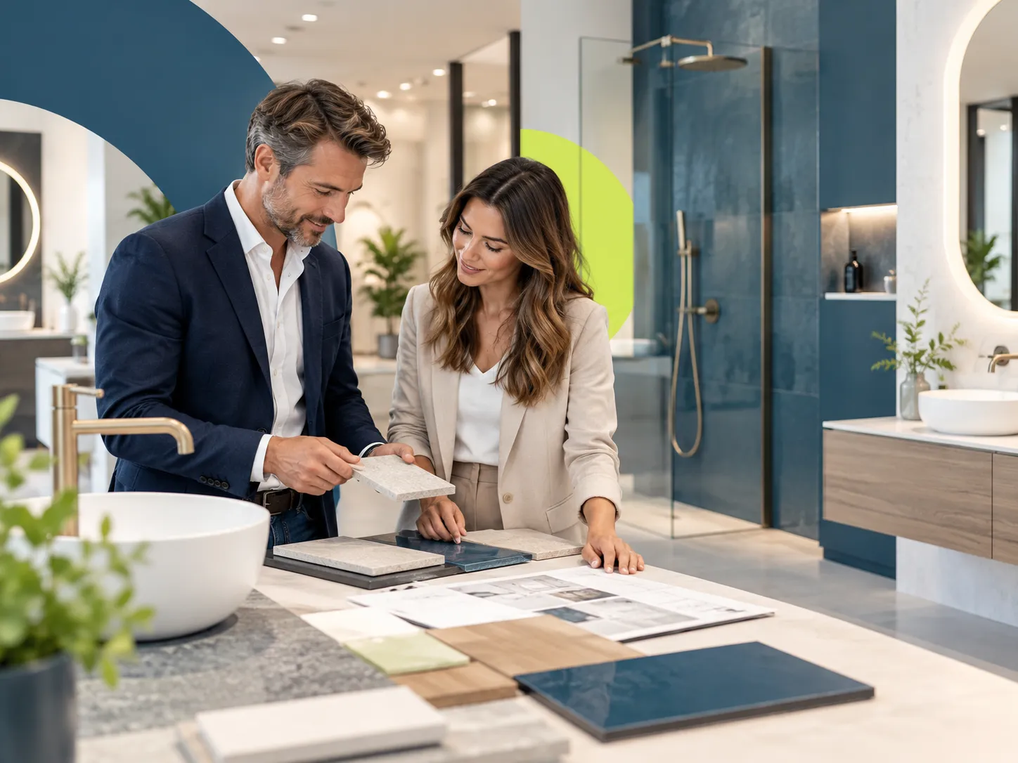 Twee professionals bespreken badkamerontwerp, materialen en sanitair in een moderne showroom