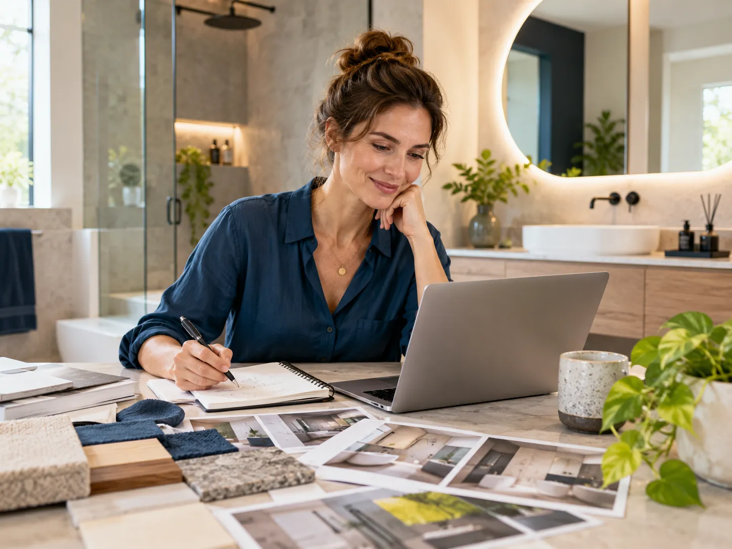 Vrouw werkt aan badkamerinspiratie met laptop, notities en materiaalstalen