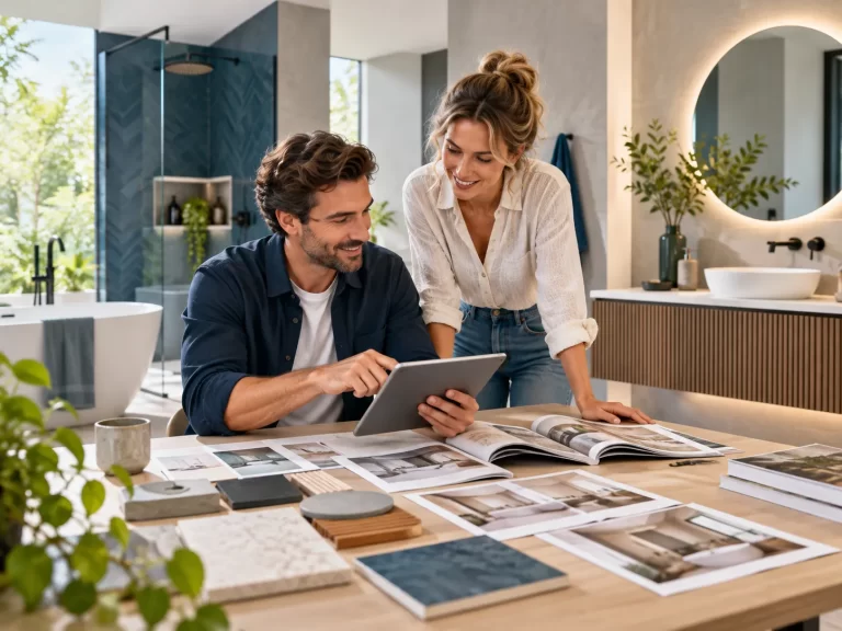 Twee auteurs bekijken badkamerbeelden en materiaalstalen in een moderne badkameromgeving