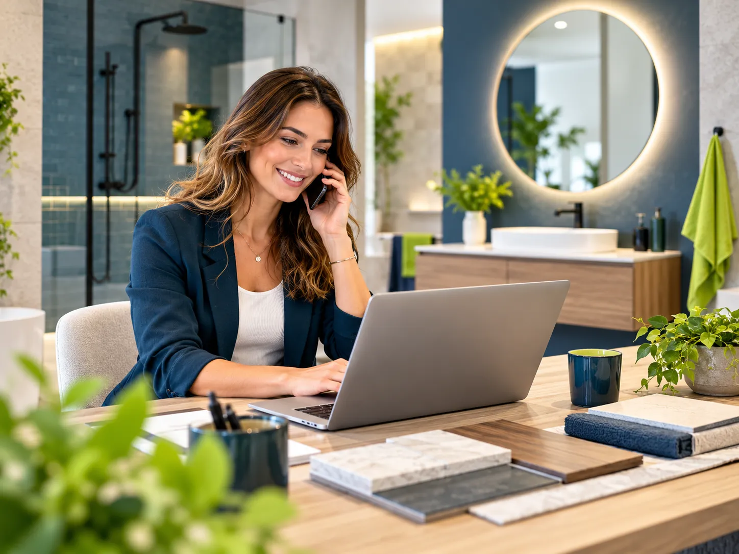 Medewerker van Badkamer Nieuws helpt telefonisch vanuit een moderne badkameromgeving