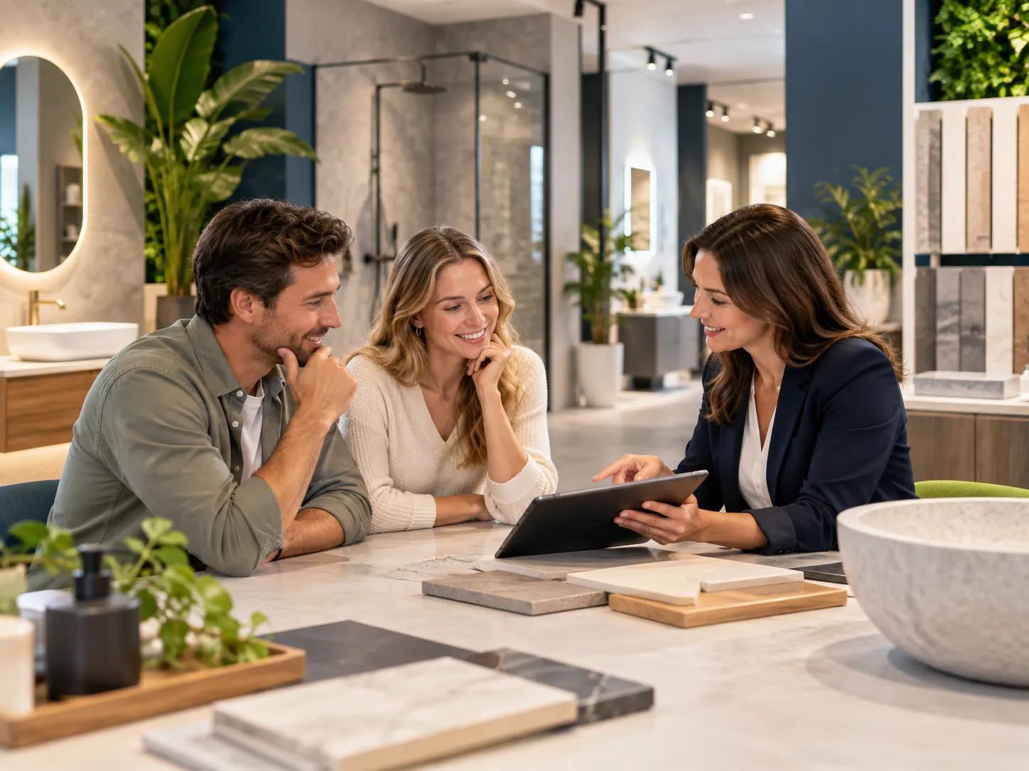 Adviseur bespreekt badkamerwensen en materiaalkeuzes met een stel in een showroom