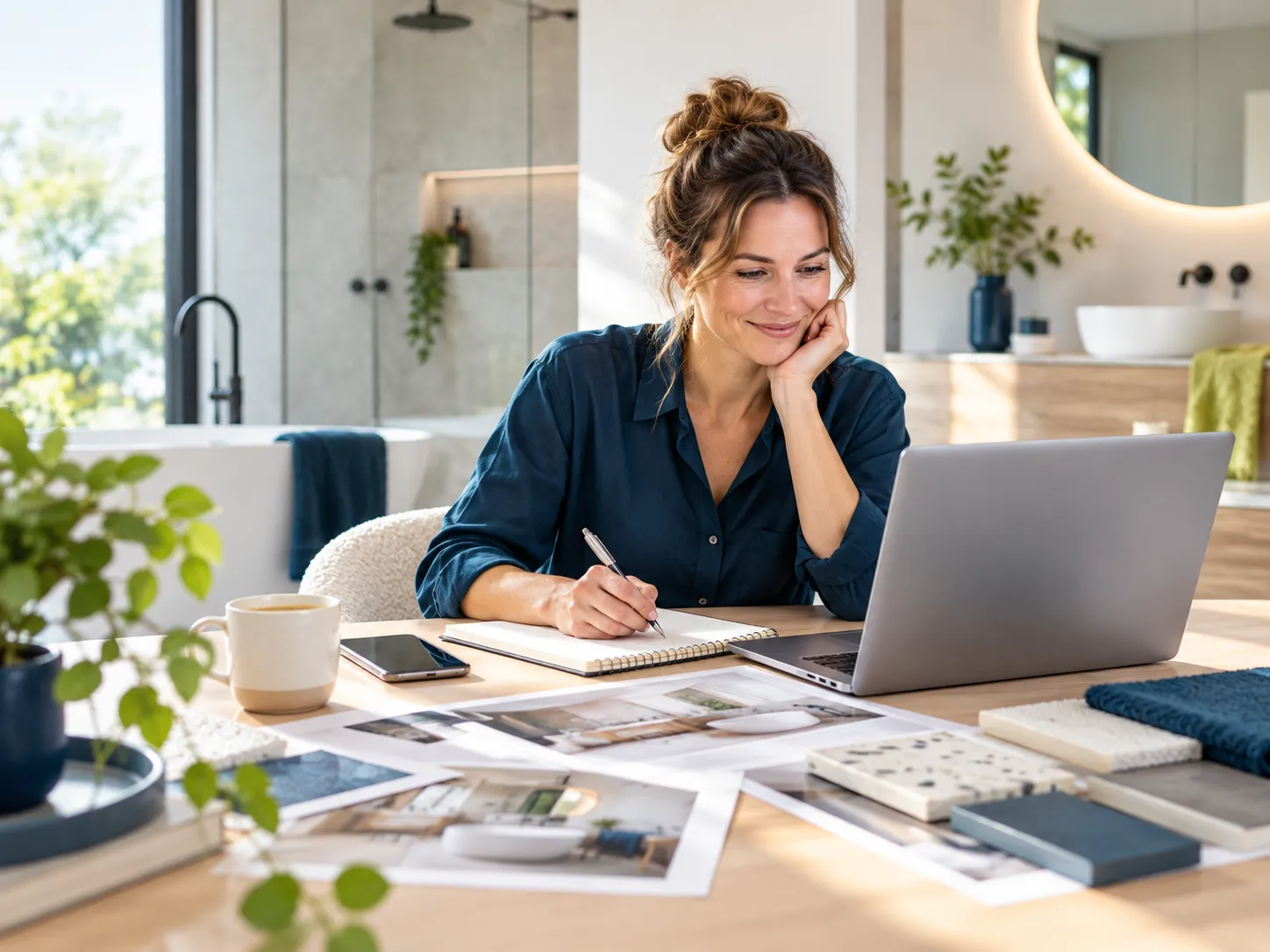 Medewerker beantwoordt vragen via laptop tussen badkamerfoto’s en materiaalstalen