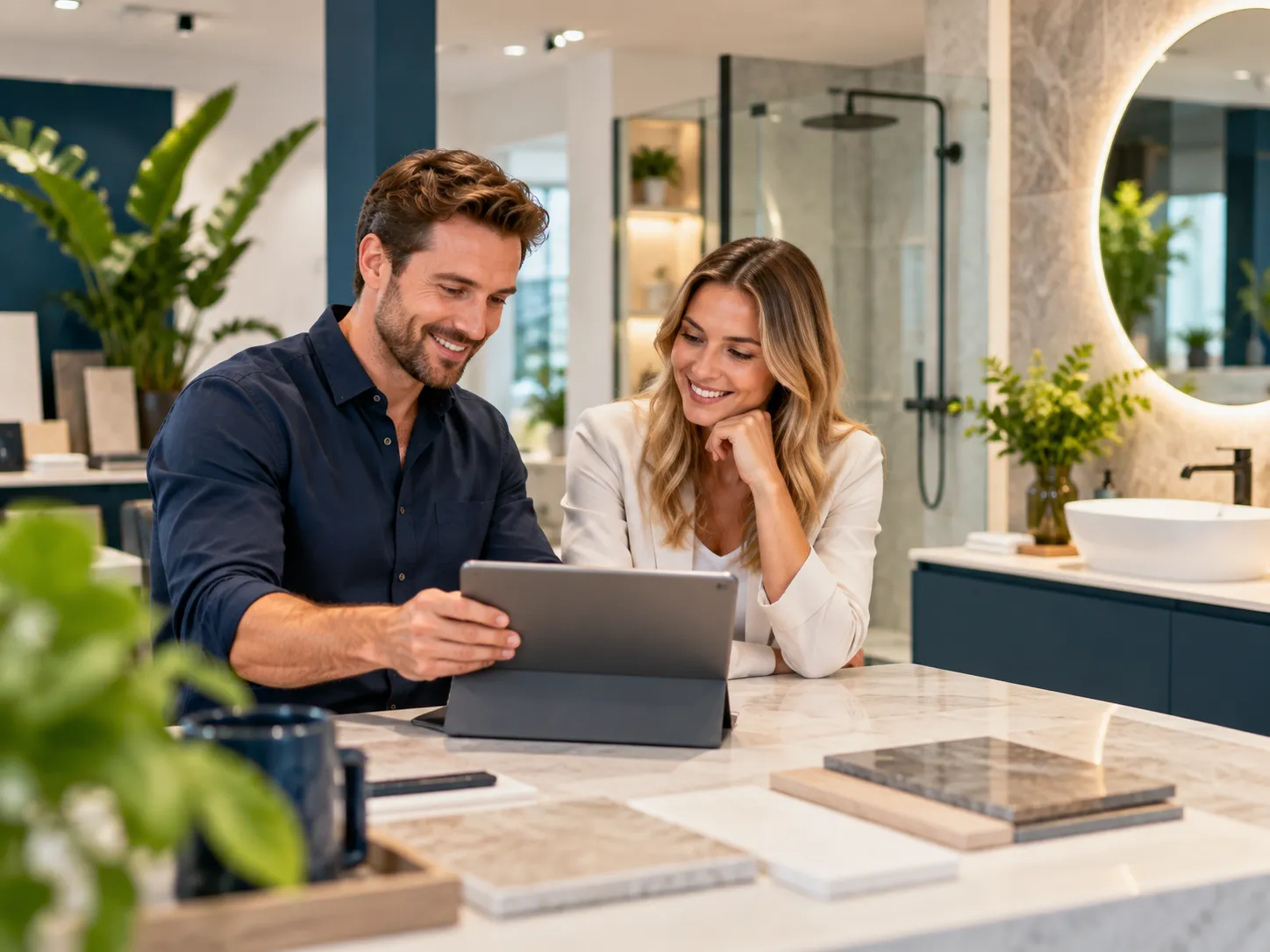 Twee medewerkers bekijken samen een aanvraag op een tablet in een moderne badkamerstudio