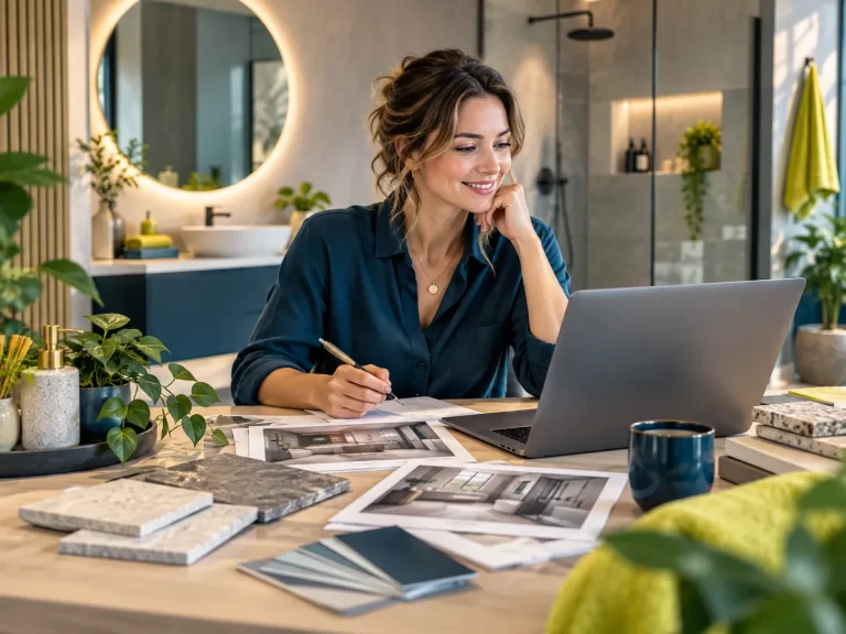 Vrouw bekijkt badkamerinformatie op een laptop tussen materiaalstalen en interieurfoto’s