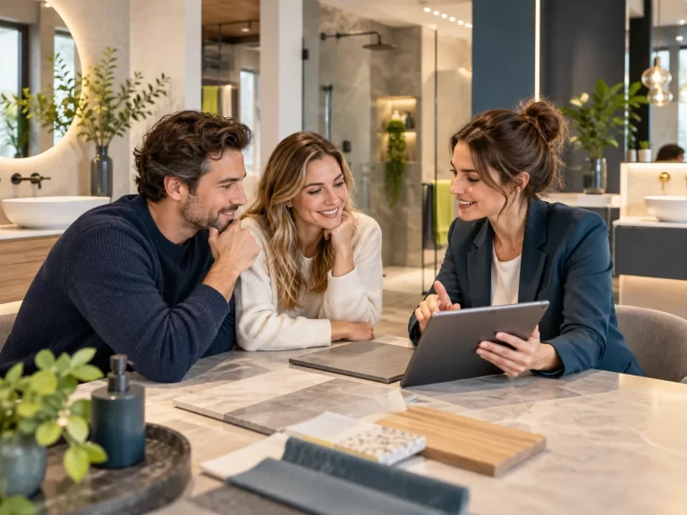 Adviseur bespreekt badkameropties en materiaalstalen met een stel in een moderne showroom